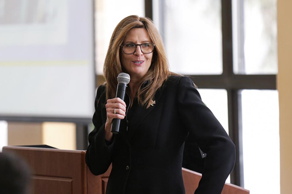 Ann Tuttle addressing members of the staff and faculty during the August 2018 Community Day.