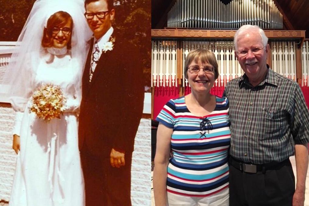 Mary Beth (Oaks) Mankin ’68 and Bill Mankin pose outside Norton Chapel on their wedding day in 1972 and inside the chapel while celebrating their 46th anniversary. 