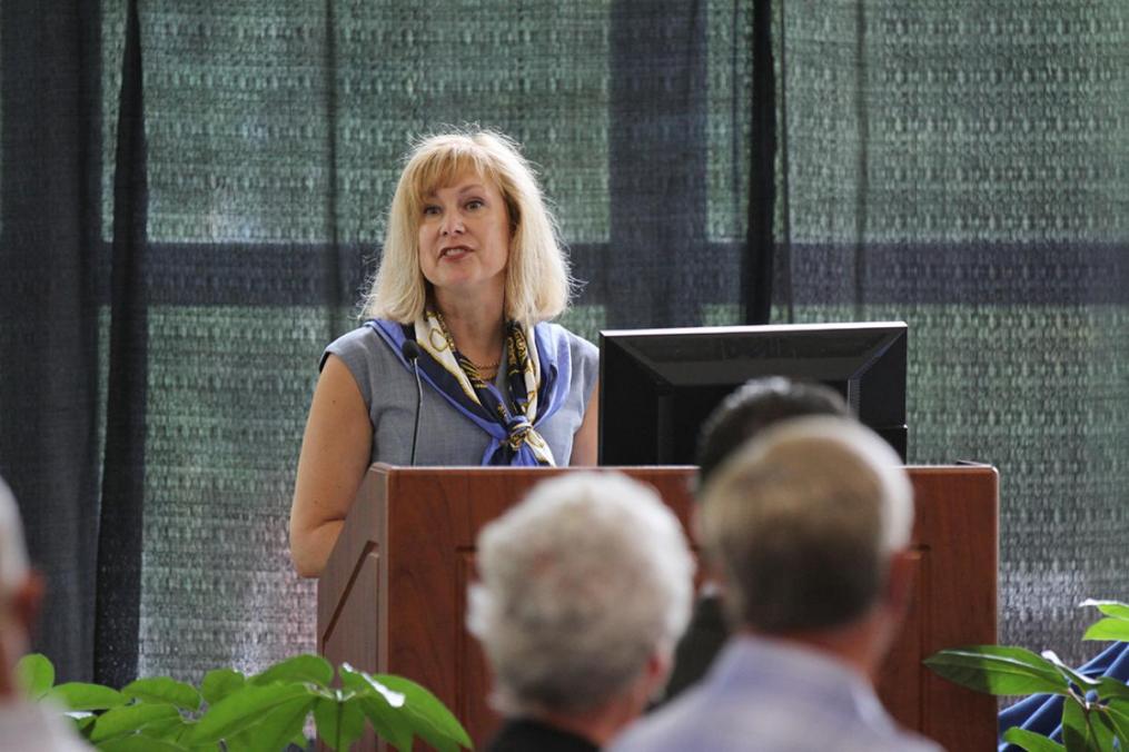 Keuka College President Amy Storey address the crowd at the 28th annual presentation of the 2019 Stork Award. 