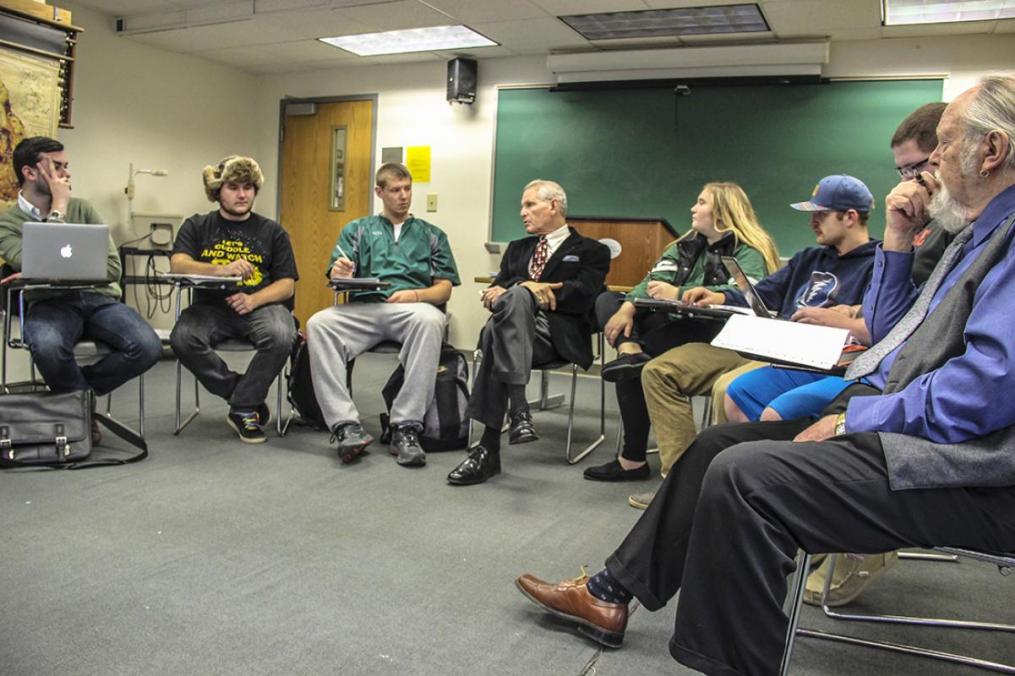 NOW: Dr. Diamond open his German History class with a discussion on current events. (Fall 2015)