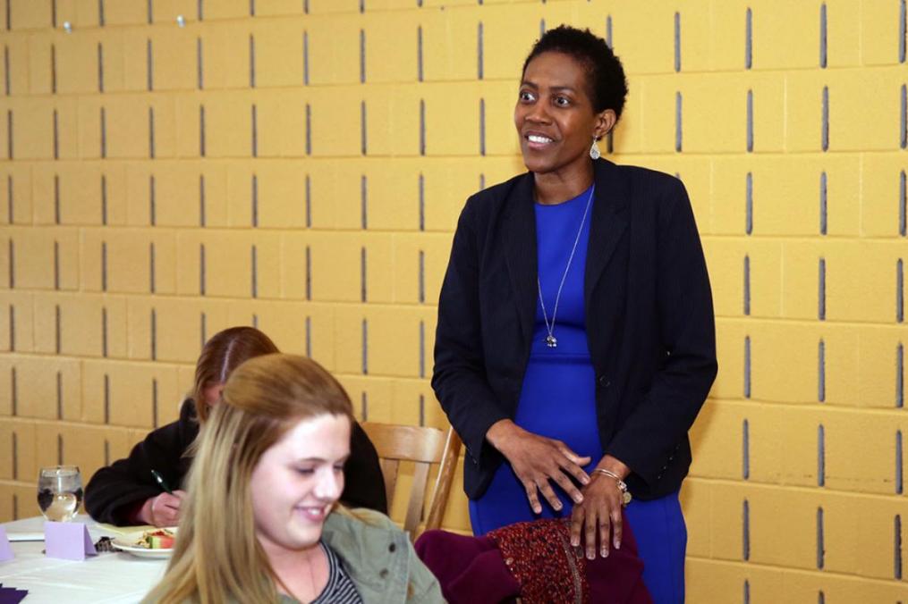 Lisa Thompson (standing) nominated Monica Sturm ’20 for the Student Employee of the Year. Above, she talks briefly on why she nominated Monica.